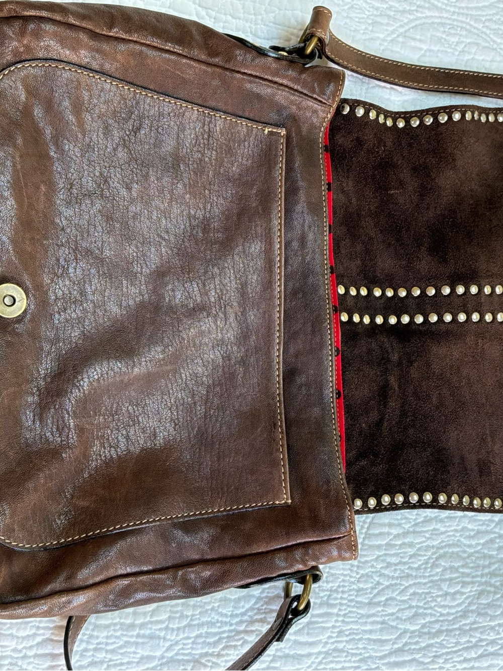 Brown Studded Leather Messenger Bag - Picture 7 of 10